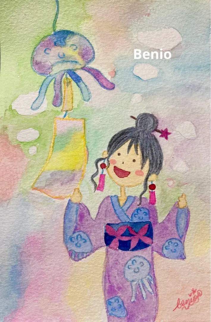 Girl in jelly wind chimes and yukata, Utsuki, transparent watercolor, original, hand-drawn illustration, girl's painting, painting