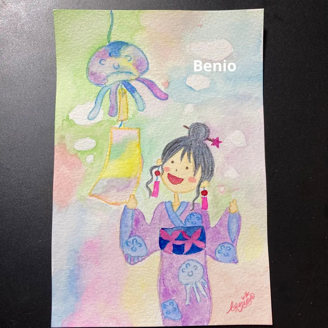 Girl in jelly wind chimes and yukata, Utsuki, transparent watercolor, original, hand-drawn illustration, girl's painting, painting