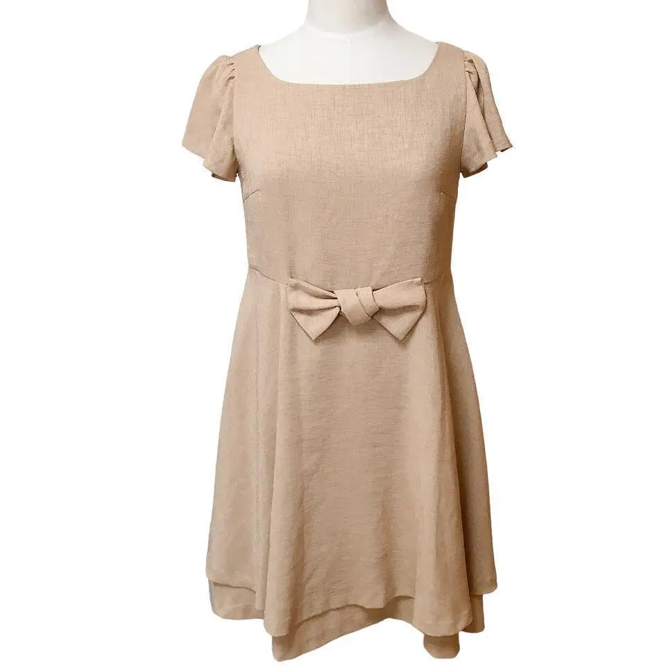 [Good condition] Anatolier Ribbon Flare Frill Dress Midi Length Short Sleeve Square Neck