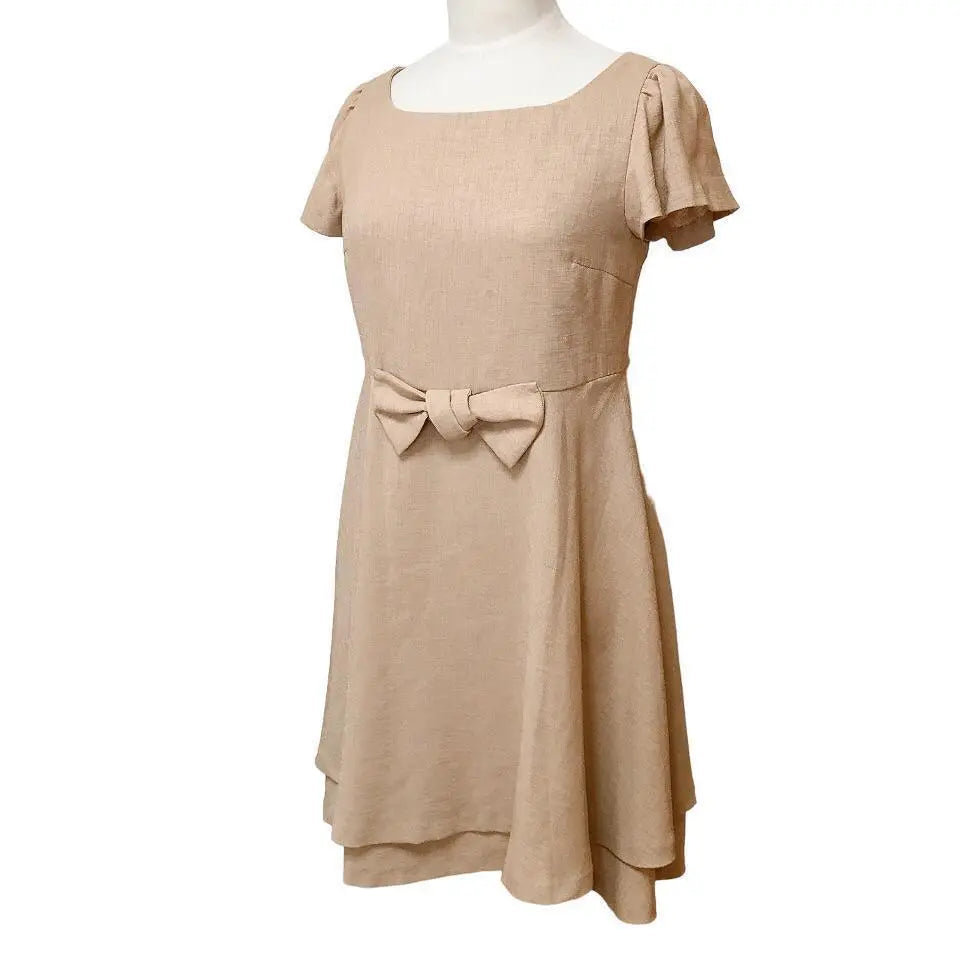 [Good condition] Anatolier Ribbon Flare Frill Dress Midi Length Short Sleeve Square Neck