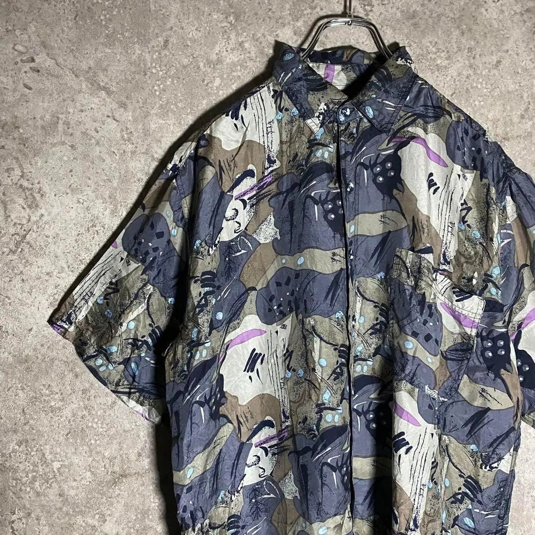 [Rare] Vintage silk shirt, all over pattern, terrorist feel, extremely comfortable, large size, used clothing