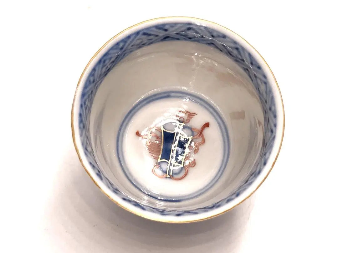 [Imari Sennishin Nishiki Drinking] Warning, Furui Oshitake Figure 4 Customer Antique | 【 伊万里 染錦ぐい呑み 】　軍配・鴛図　富貴長春　４客　アンティーク