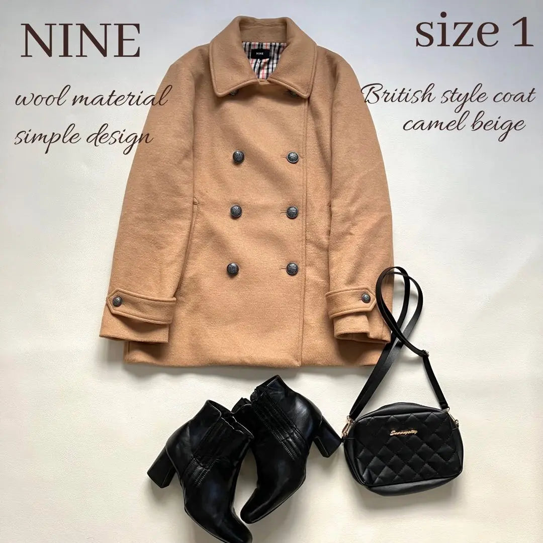 ◆Good condition◆NINE◆Vintage-style wool blend peacoat◆Camel beige◆S-M