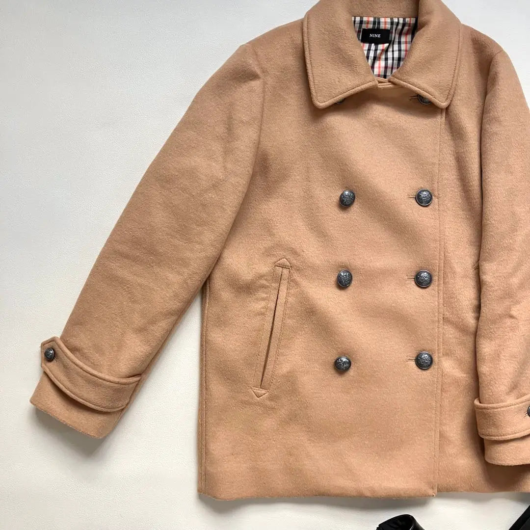 ◆Good condition◆NINE◆Vintage-style wool blend peacoat◆Camel beige◆S-M