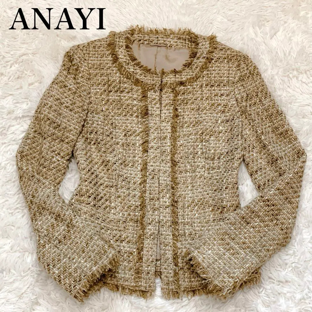 ☆Good condition★ANAIY tweed collarless jacket 36 Made in Japan