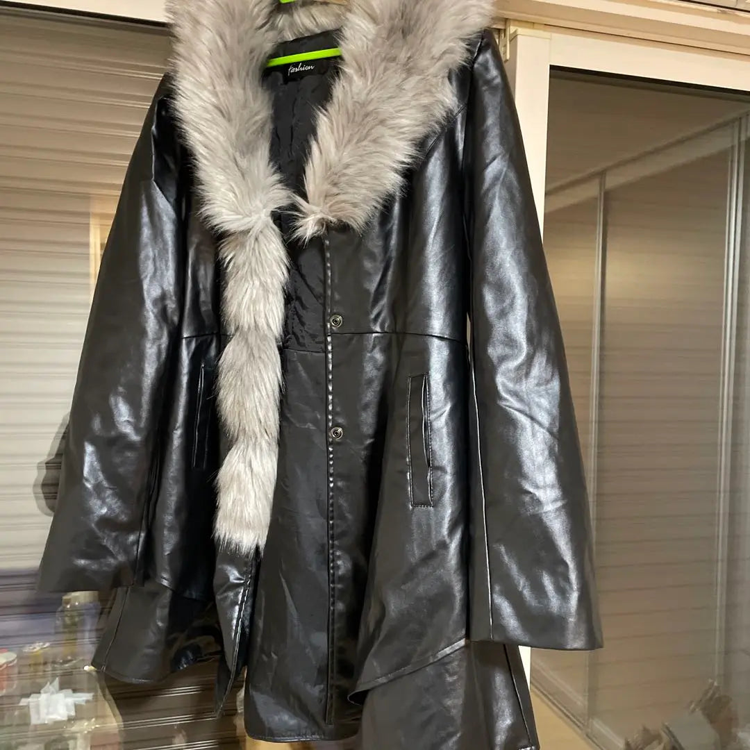 Synthetic leather coat with black fur