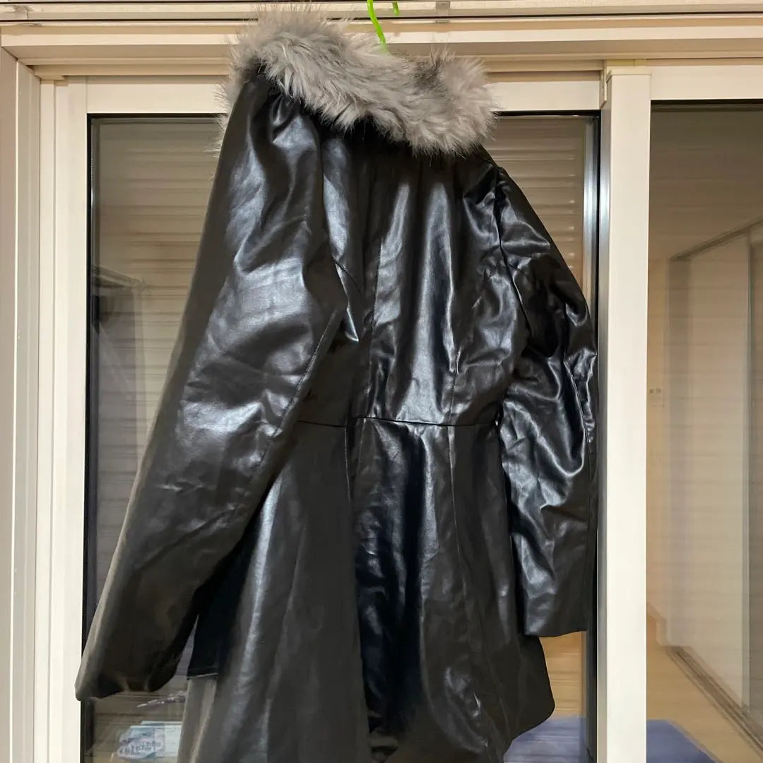 Synthetic leather coat with black fur