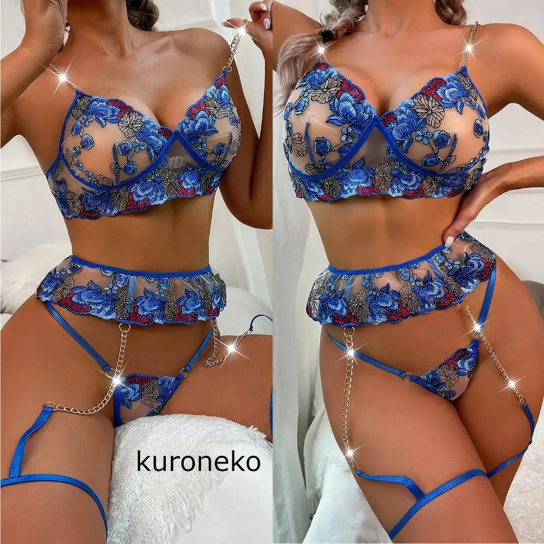 Lencería sexy, estampado floral, azul, liguero, ropa interior, F09a