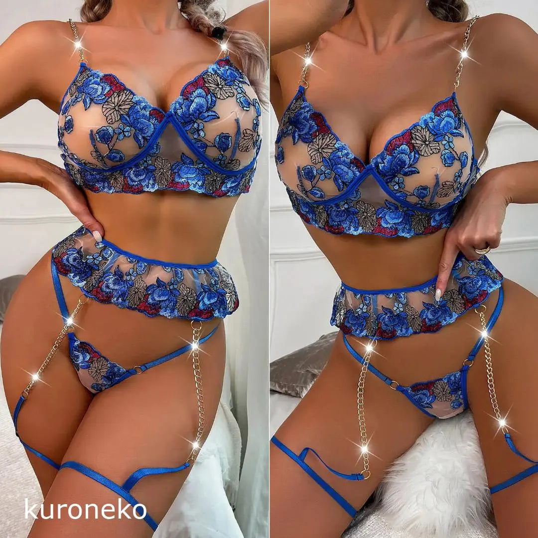 Lencería sexy, estampado floral, azul, liguero, ropa interior, F09a