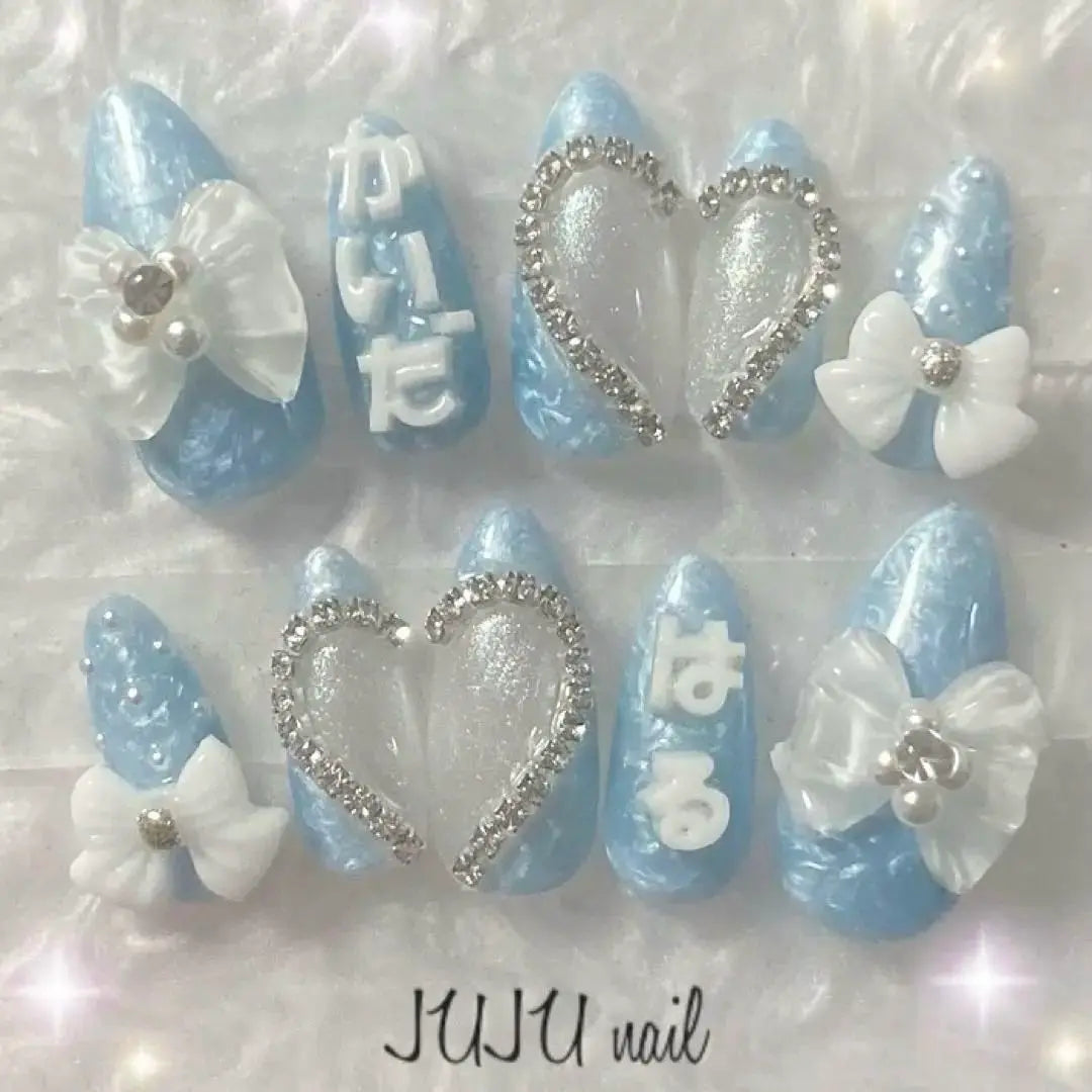 Shell Gel Blue Name Favorite Heart Ribbon Nail Tip