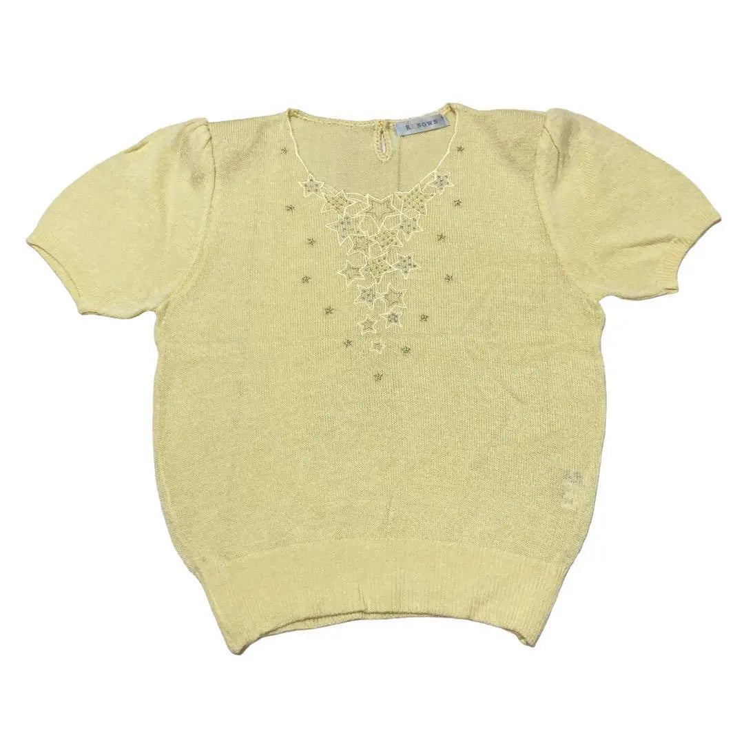 P1210 RENOWN [M] Tops, Short Sleeves, Shoulder Pads, Star Pattern, Linen Blend, Yellow