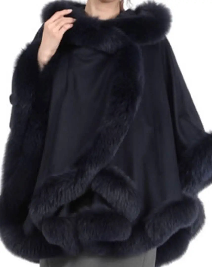 Cashmere Cape Coat Real Fur Black