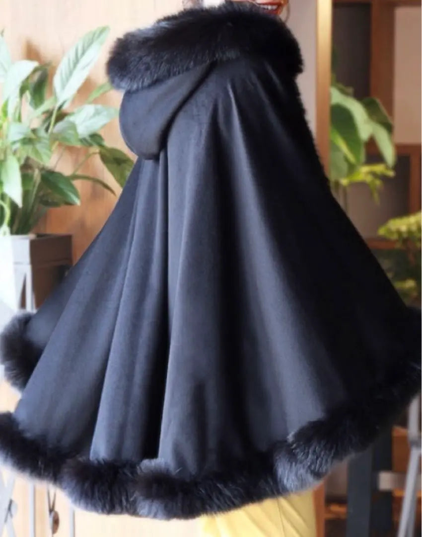 Cashmere Cape Coat Real Fur Black