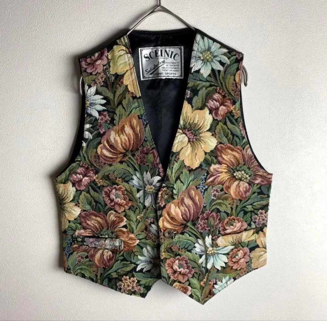 [Vest Gobelin Weave Floral Pattern Double Pocket Retro Dullness Old-wearing]