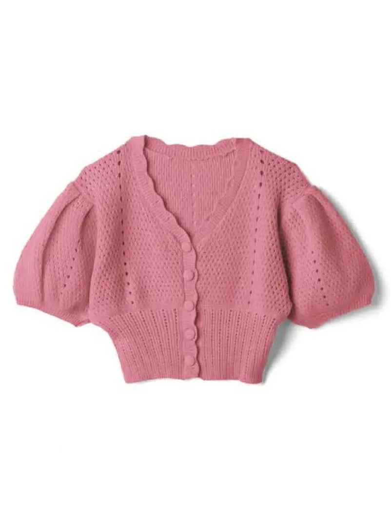 Openwork knit puff sleeve scallop knit cardigan ac2066