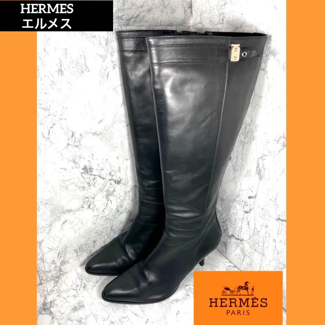 [Extremadamente hermoso] HERMES ☆ Botas largas ☆ Botas de cuero ☆ Botas de salto ☆ 37 ☆ Negro | 【極美品】HERMES☆ロングブーツ☆レザーブーツ☆ジャンピングブーツ☆37☆黒