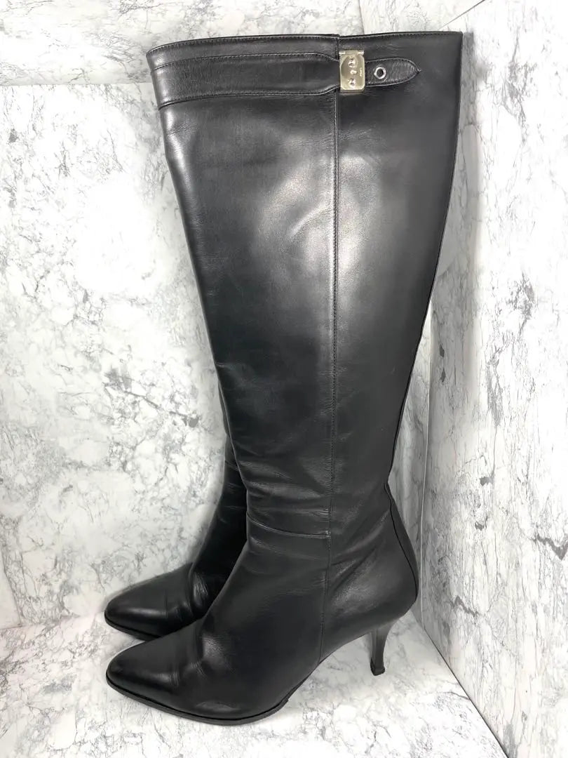 [Extremadamente hermoso] HERMES ☆ Botas largas ☆ Botas de cuero ☆ Botas de salto ☆ 37 ☆ Negro | 【極美品】HERMES☆ロングブーツ☆レザーブーツ☆ジャンピングブーツ☆37☆黒