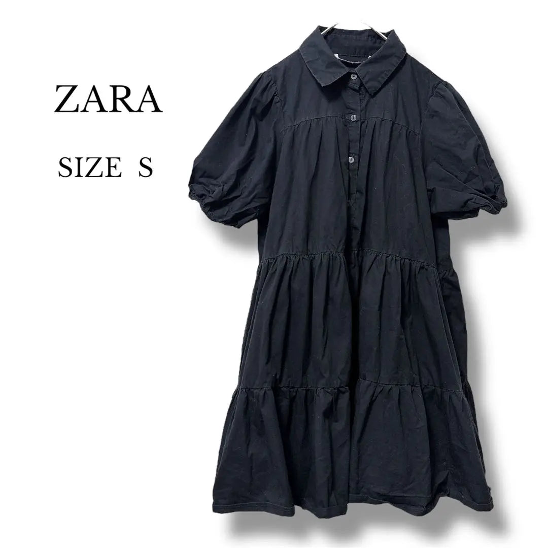 Vestido camisero ZARA de manga corta acampanado para adultos, bonito, color negro