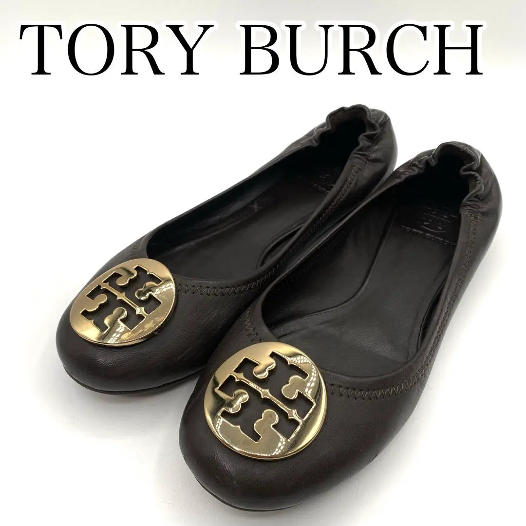 TORY BURCH Zapatos planos marrones con logotipo dorado de 24,5 cm