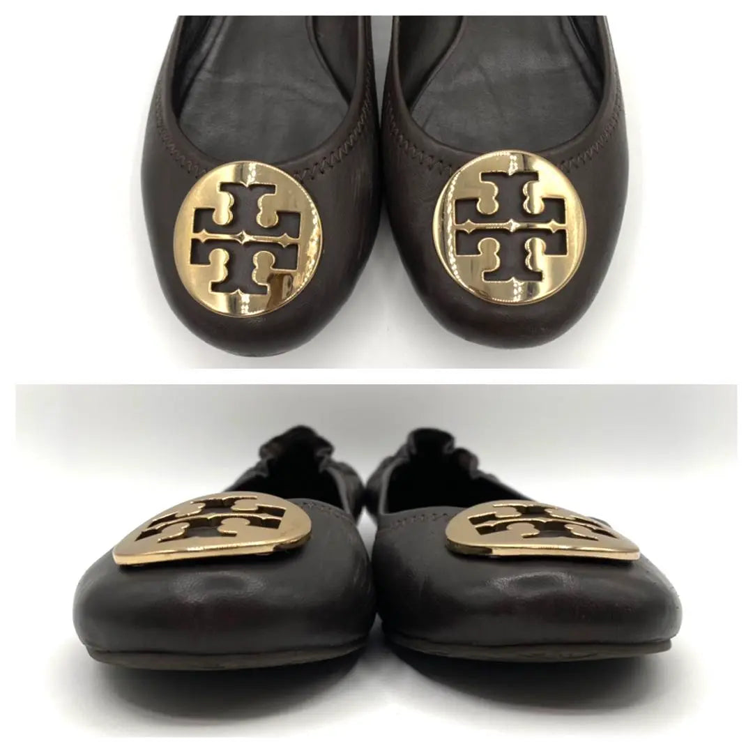 TORY BURCH Zapatos planos marrones con logotipo dorado de 24,5 cm