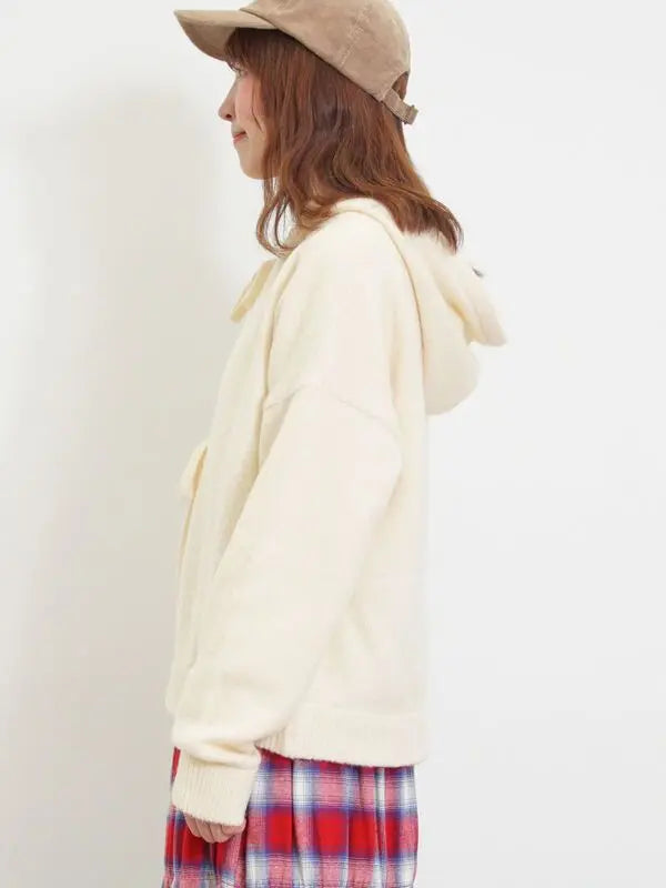 Hooded ribbon cardigan off-white