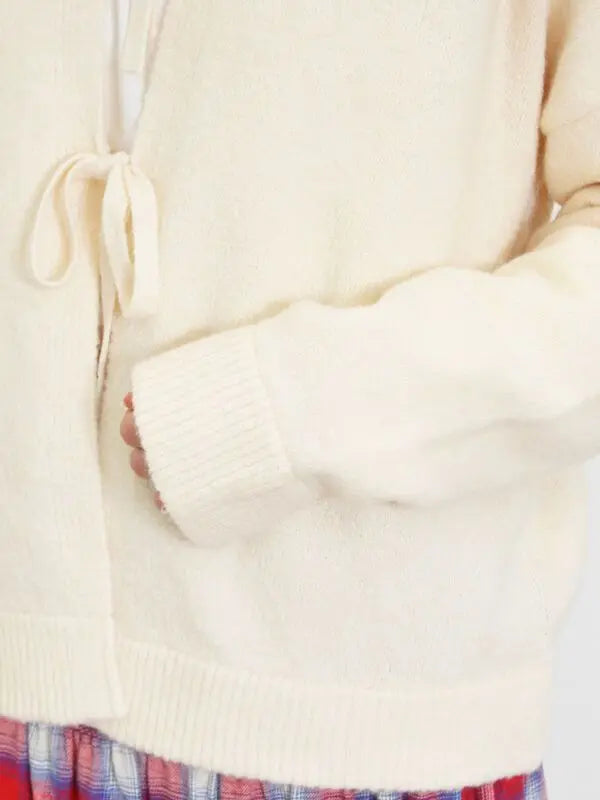 Hooded ribbon cardigan off-white