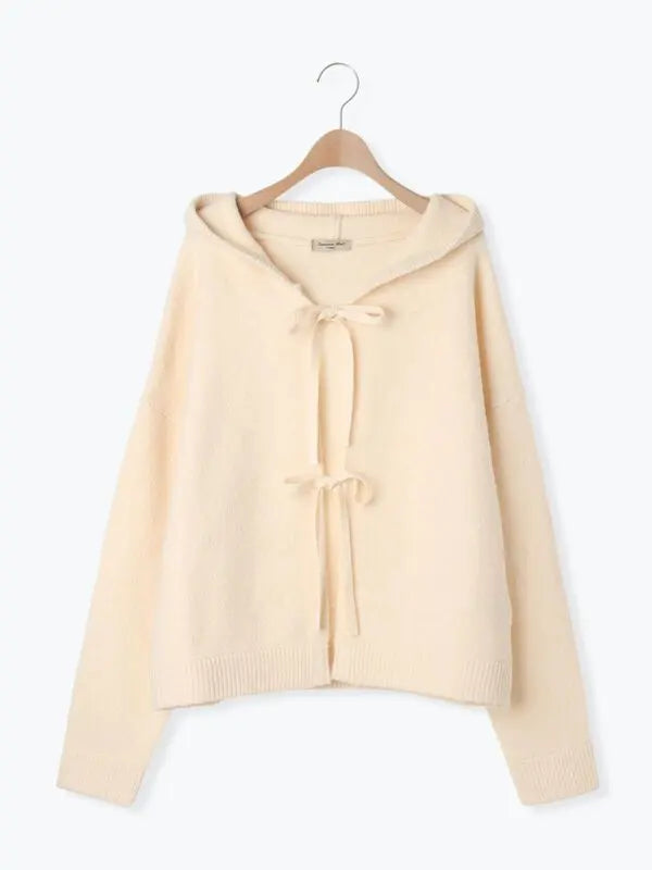 Hooded ribbon cardigan off-white