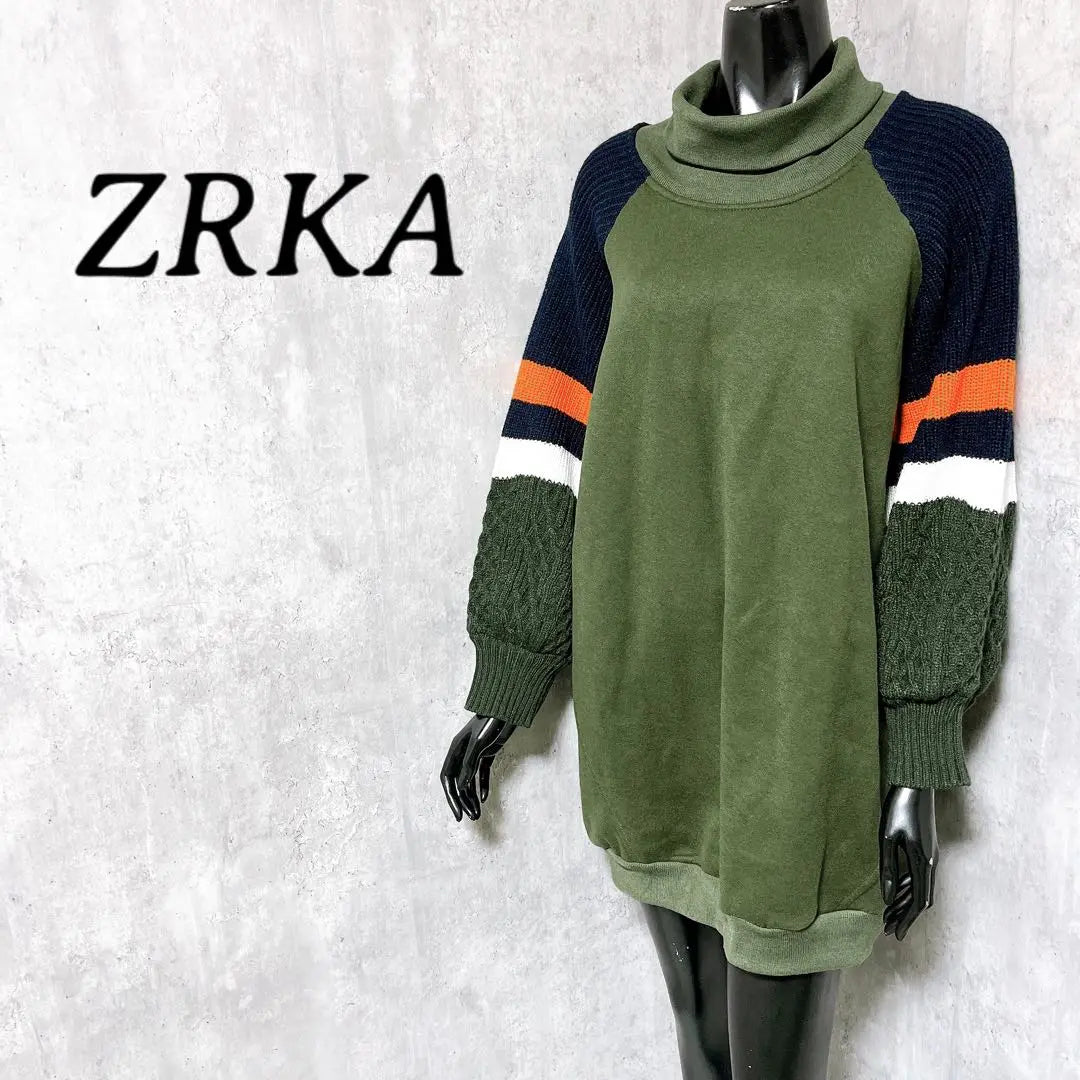 [ZRKA] Long sleeve knit long sweatshirt high neck bicolor casual