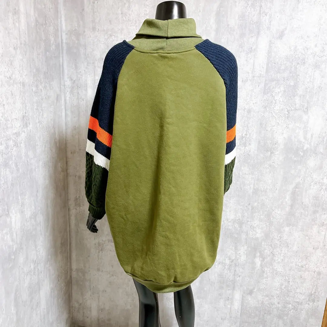 [ZRKA] Long sleeve knit long sweatshirt high neck bicolor casual