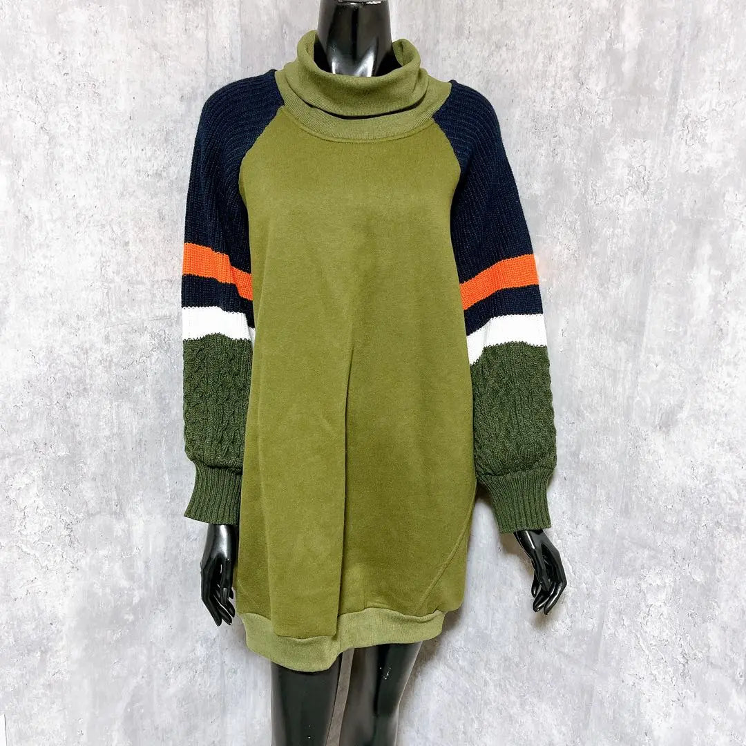 [ZRKA] Long sleeve knit long sweatshirt high neck bicolor casual