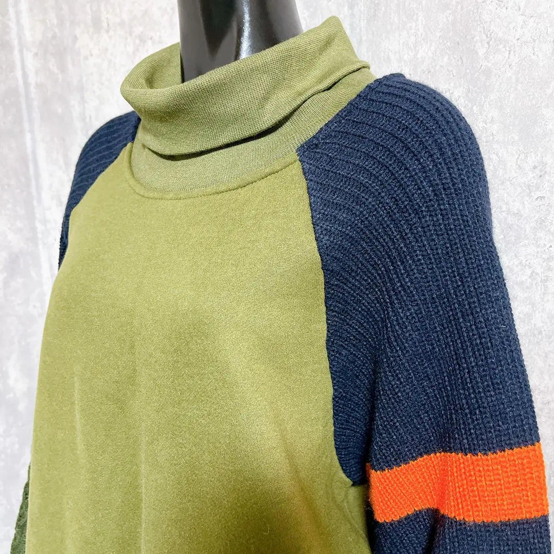 [ZRKA] Long sleeve knit long sweatshirt high neck bicolor casual