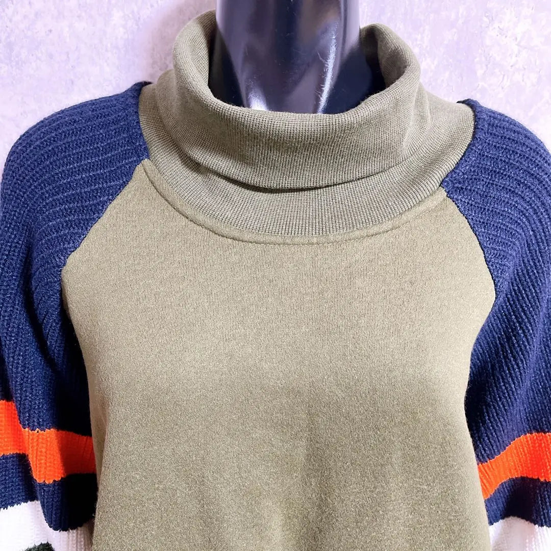 [ZRKA] Long sleeve knit long sweatshirt high neck bicolor casual