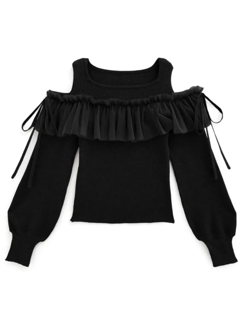 GRL Shoulder Open Tulle Ruffled Knit Top [tu1252]