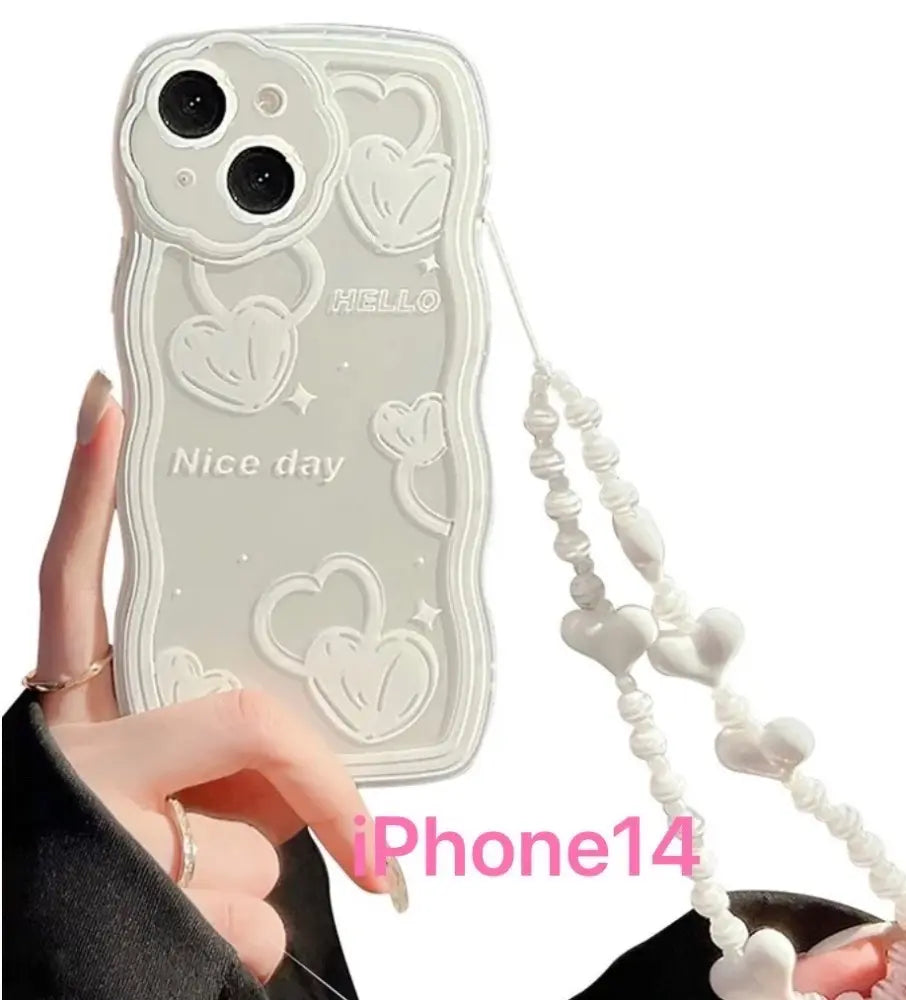 White [Last item] iPhone 14 case with strap, heart pattern beads