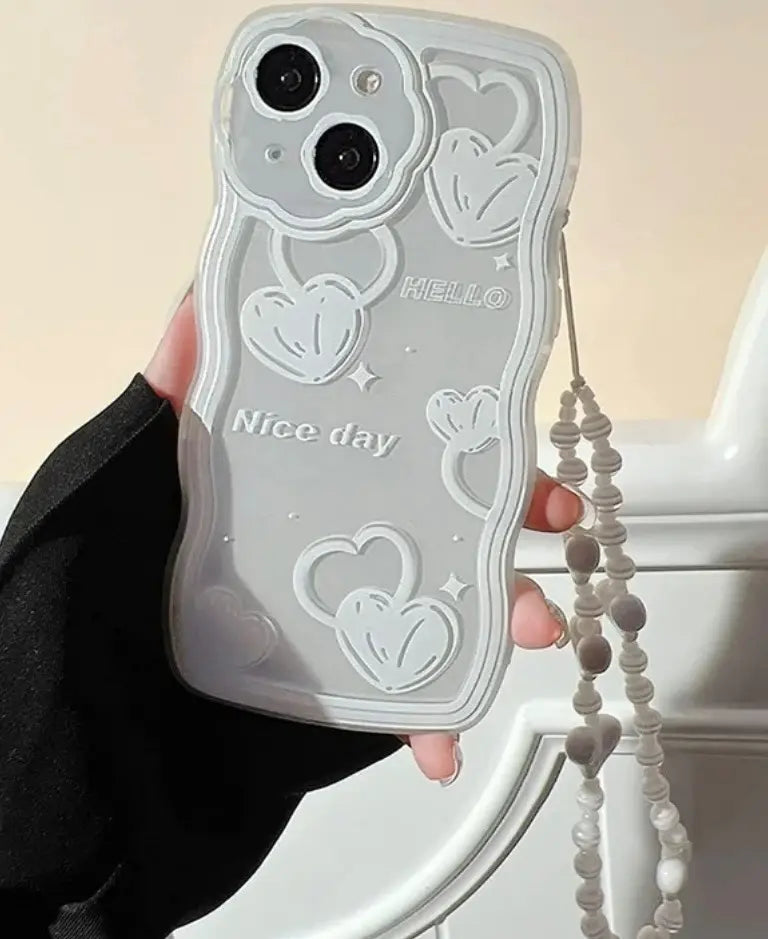 White [Last item] iPhone 14 case with strap, heart pattern beads