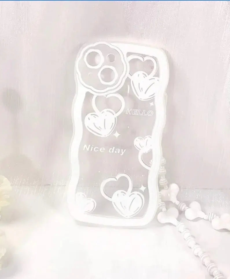 White [Last item] iPhone 14 case with strap, heart pattern beads