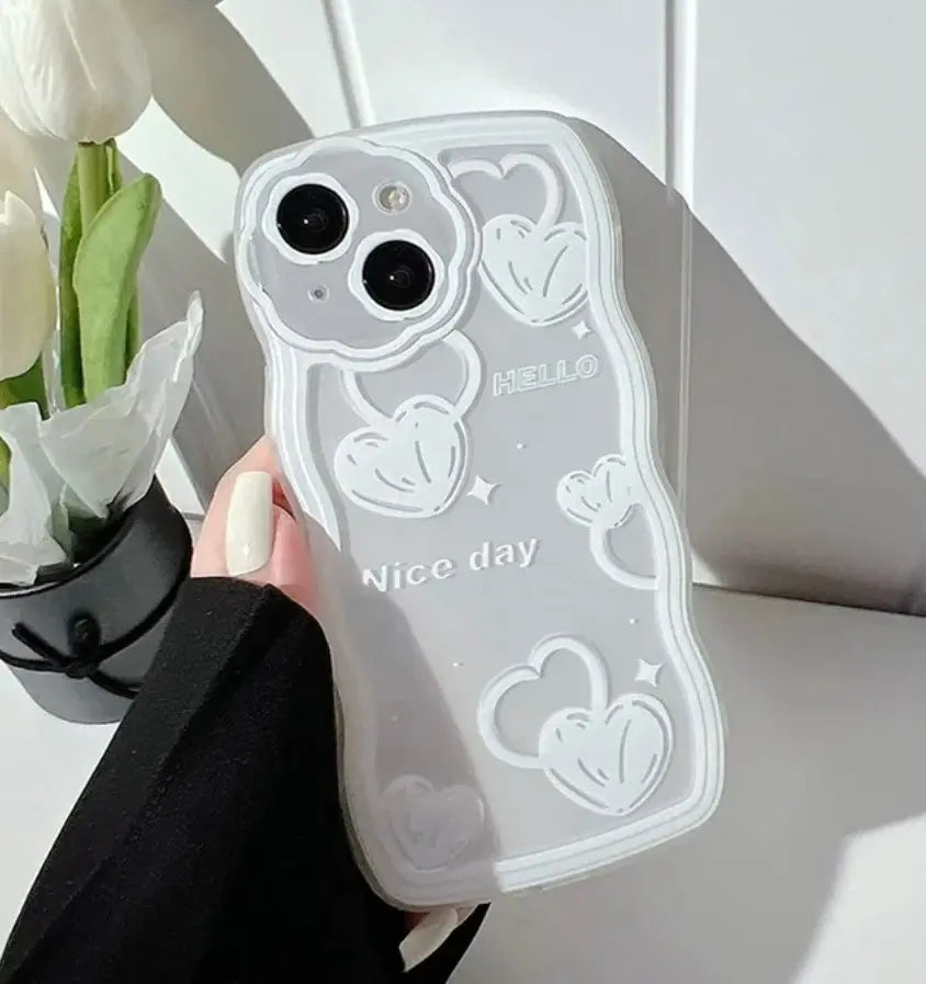 White [Last item] iPhone 14 case with strap, heart pattern beads