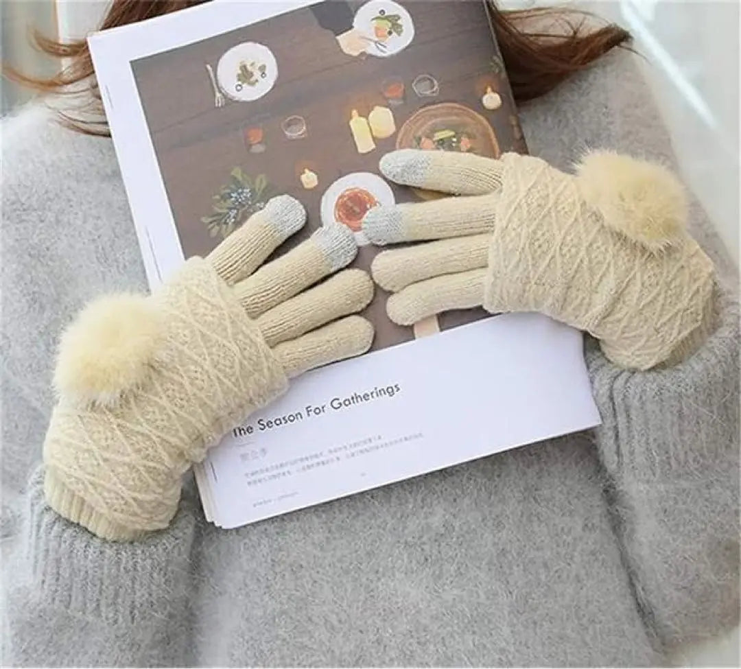 Knit Gloves Spring Autumn Winter Fingerless 2way Fingerless Beige Cute