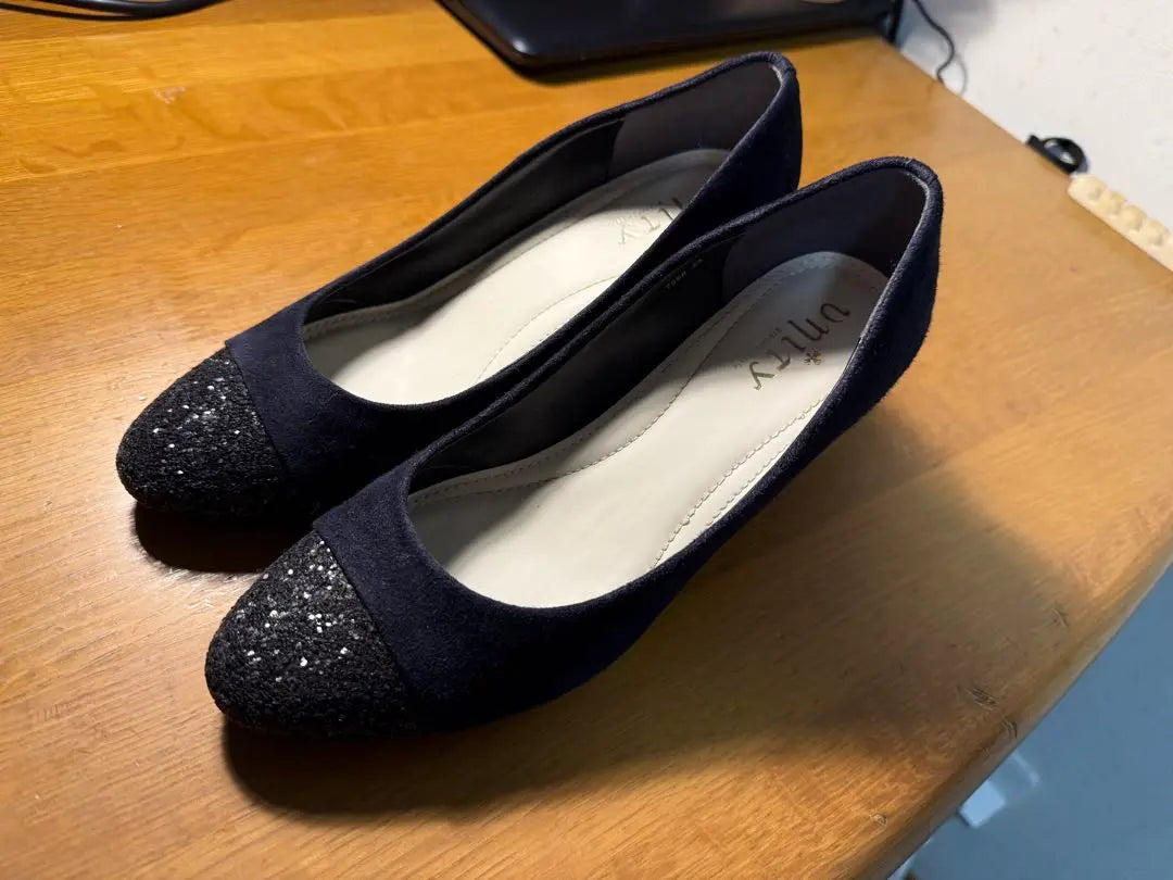 Navy Glitter Toe Pumps Middle Heel