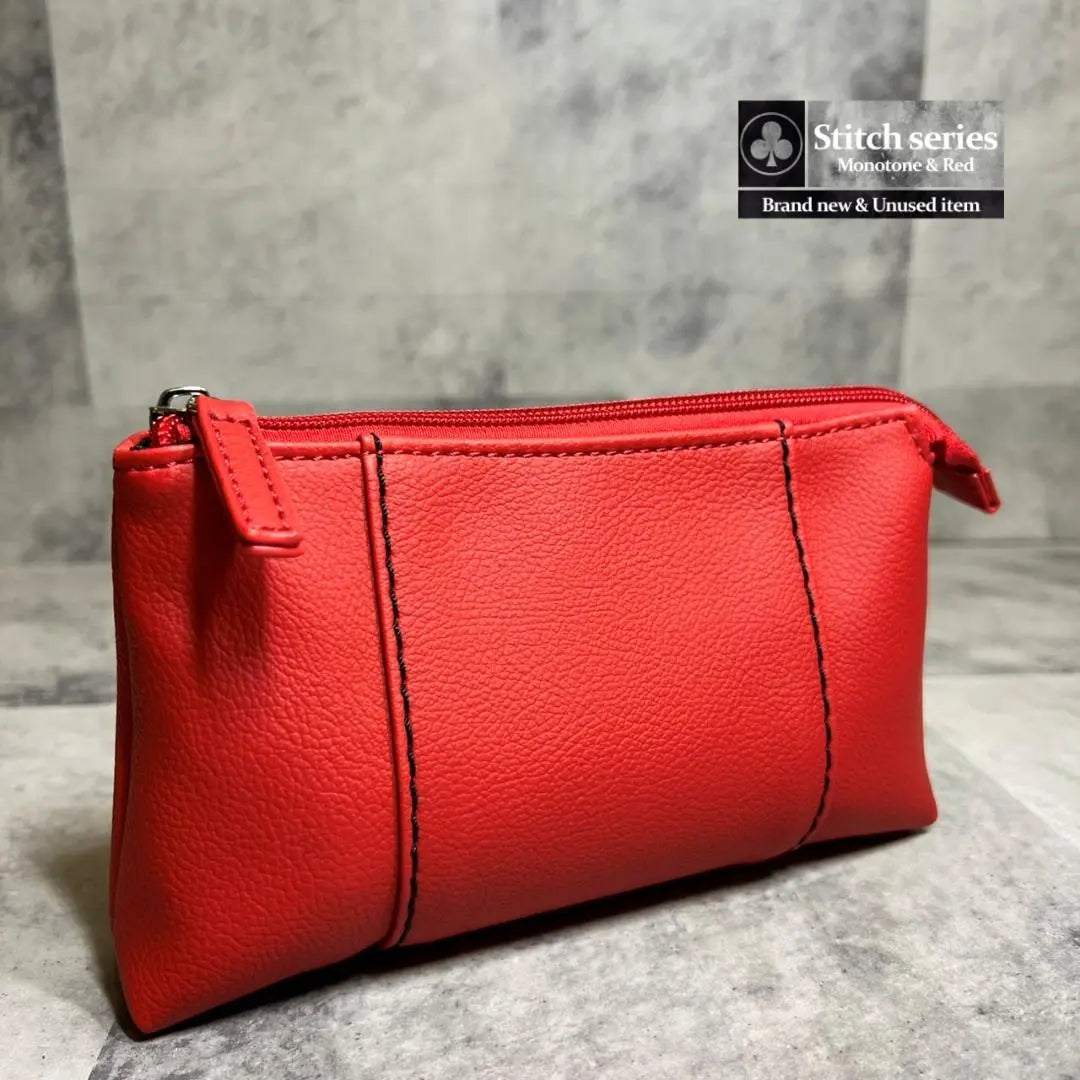 [Thick, high-quality PU leather] Hand pouch, makeup pouch, stitching, red