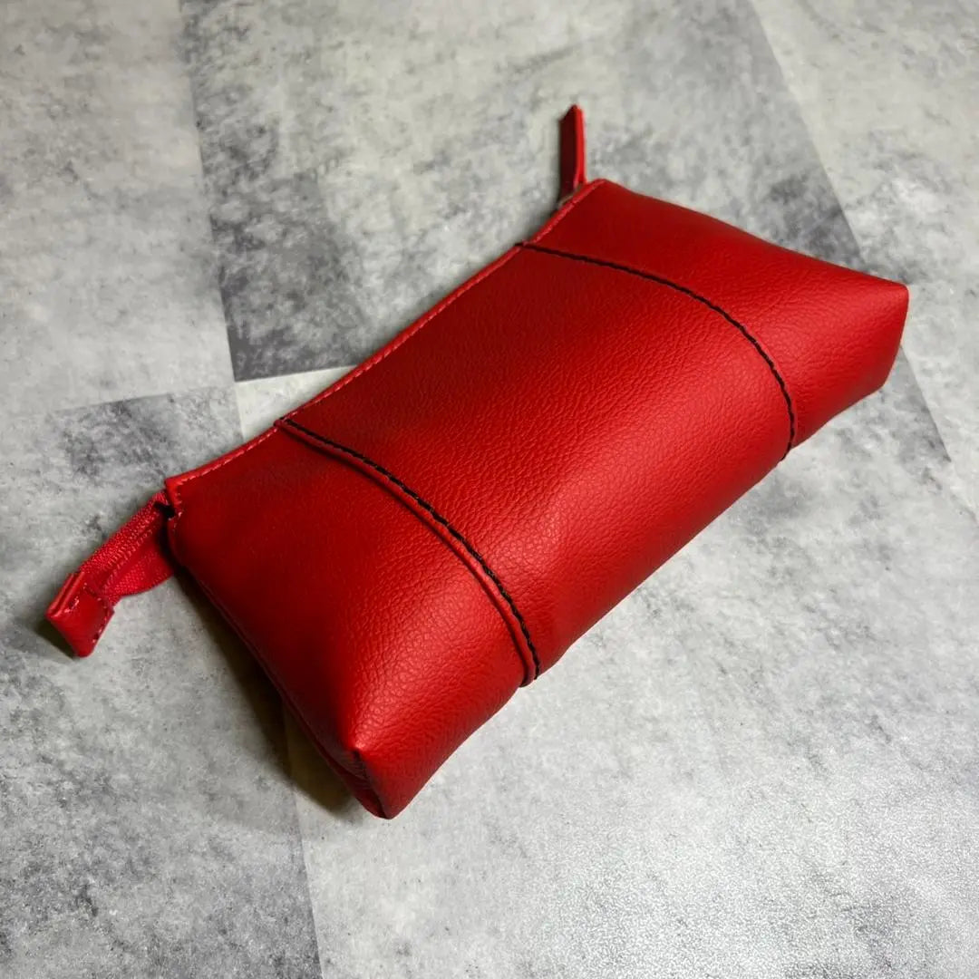 [Thick, high-quality PU leather] Hand pouch, makeup pouch, stitching, red