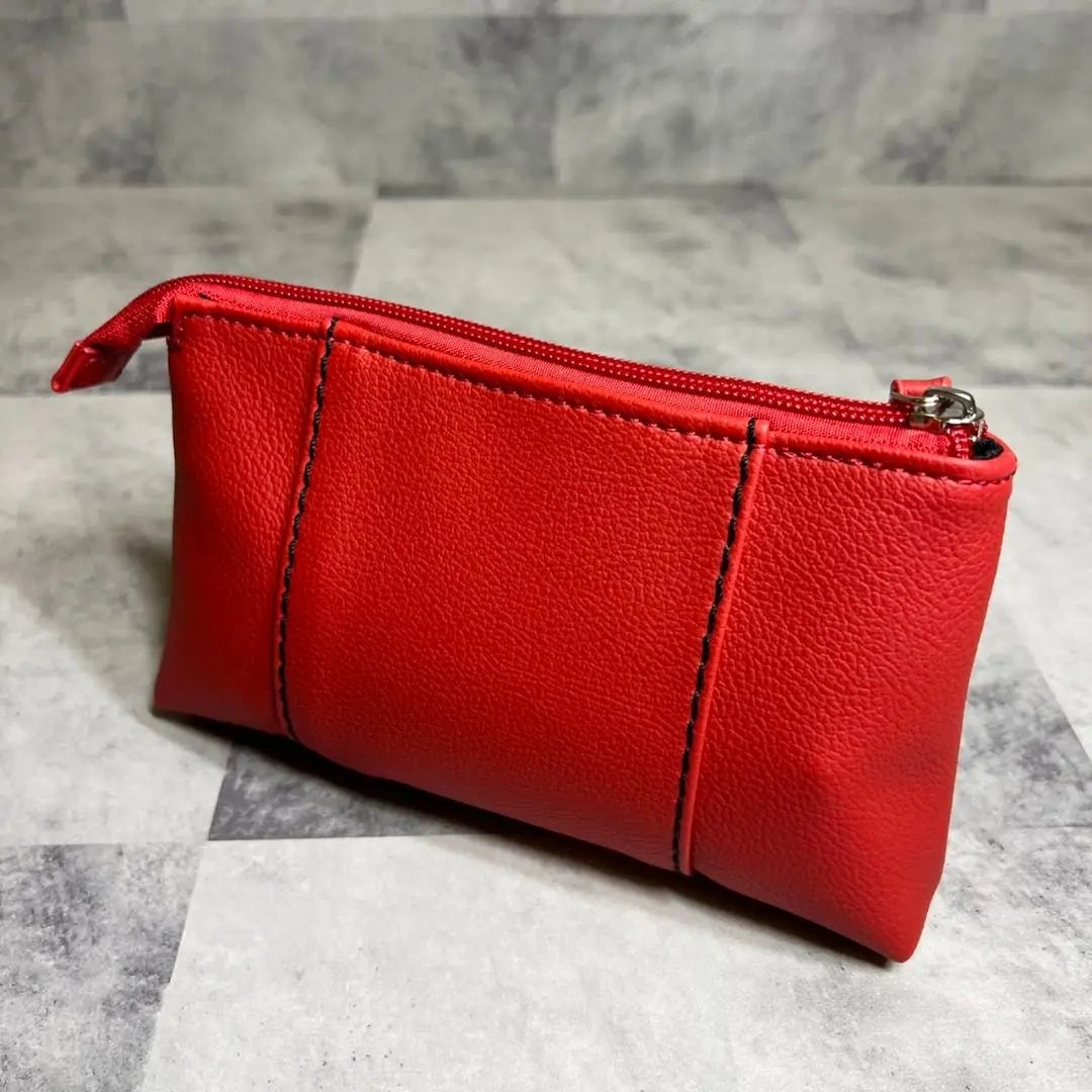 [Thick, high-quality PU leather] Hand pouch, makeup pouch, stitching, red