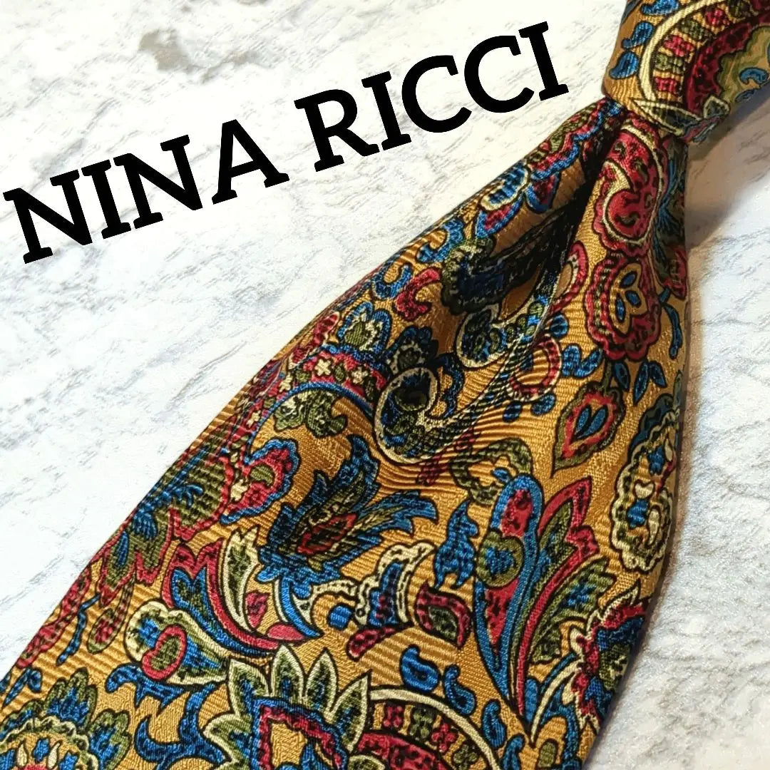 ✧NINA RICCI✧Tie Paisley Plant Pattern Yellow Colorful Unique