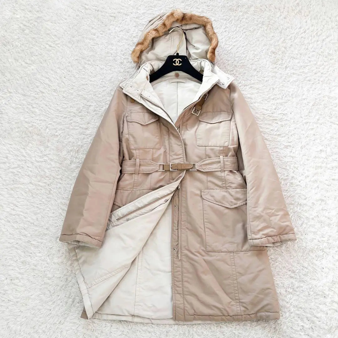 Good condition★Max Mara★Reversible coat belt fur ivory x camel