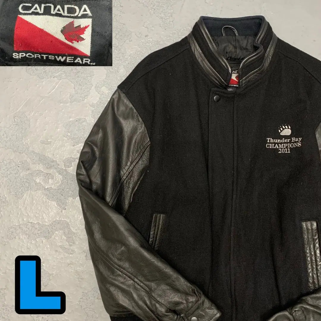 ◎Chaqueta de estadio H11 CANADA con logotipo bordado en cuero negro