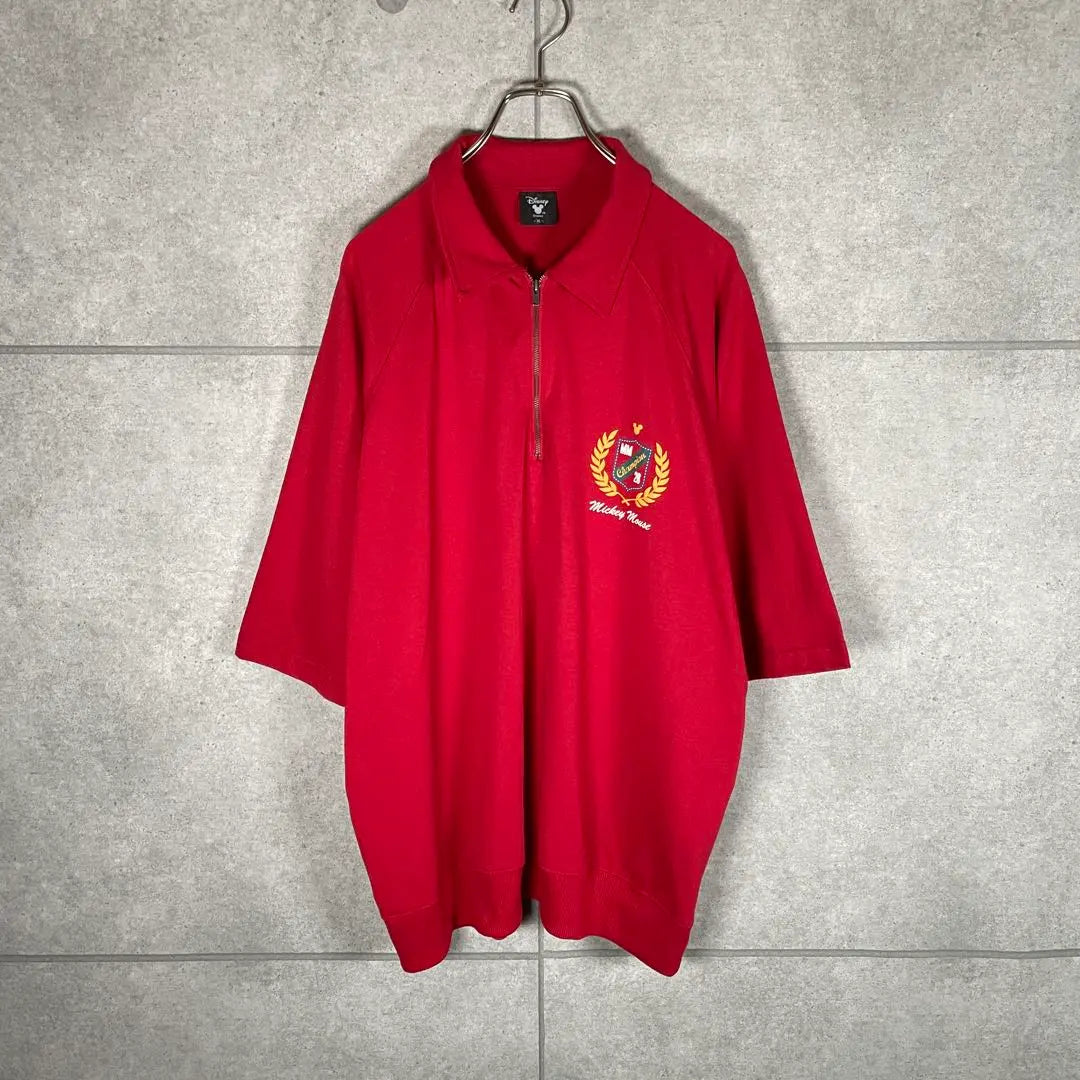 [Old clothes] Disney Short Sleeve T -shirt With collar half zip emblem raglan red | [古着]ディズニー　半袖　Tシャツ　襟付きハーフジップ　エンブレム　ラグラン　赤