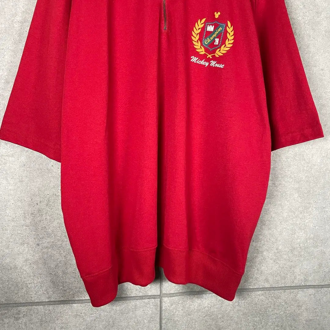 [Ropa vieja] Camiseta Disney Manga Corta Con Cuello Media Cremallera Emblema Raglan Rojo | [古着]ディズニー 半袖 Tシャツ 襟付きハーフジップ エンブレム ラグラン 赤