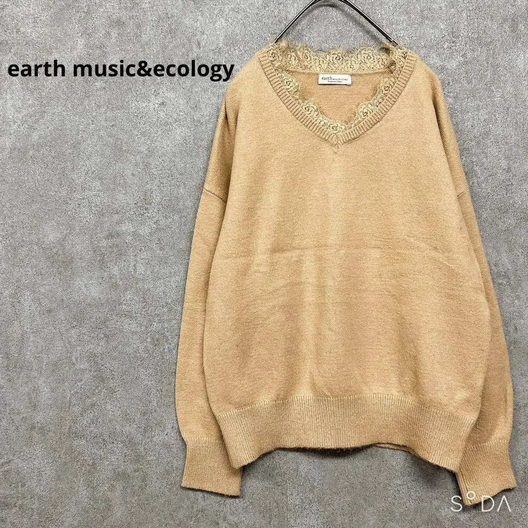 ♥Earth Music & Ecology [F] V-neck knit with lace, beige, thin