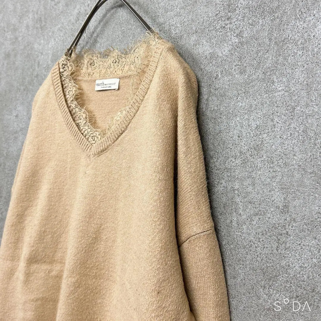 ♥Earth Music & Ecology [F] V-neck knit with lace, beige, thin