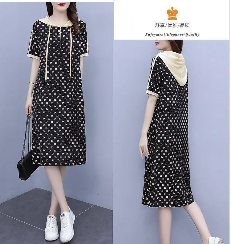 [Last 1] Large size Women's Summer and Autumn Hoodie Dress Hoodie Short Sleeve